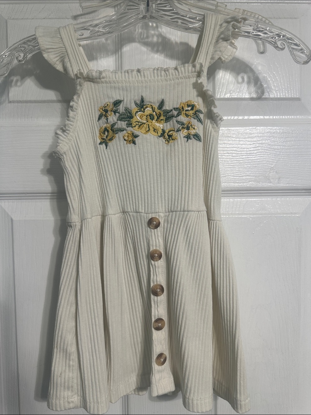 Little Lass Cream Ribbed Sundress with Yellow Floral Embroidery
